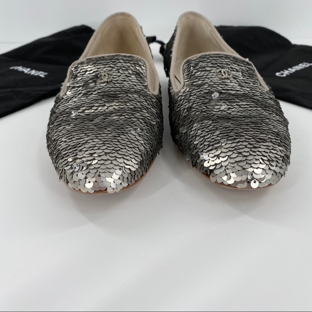 CHANEL | Silver Sequin Loafers Slippers Flats - Picture 6 of 12